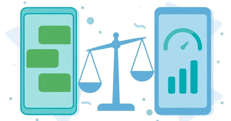 Flat illustration comparing a WhatsApp messaging phone with a mobile data usage phone on a balance scale