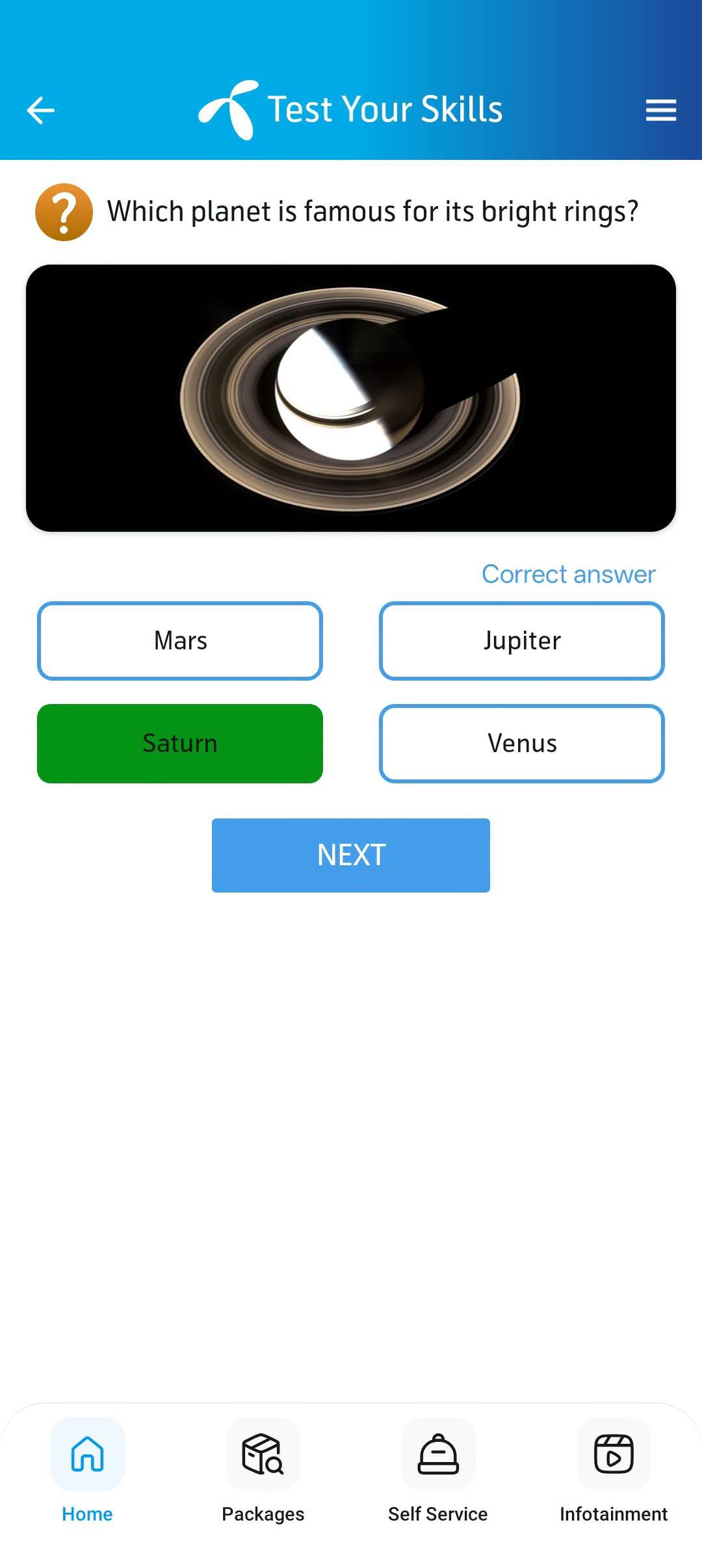 My Telenor app screenshot: Question 1 with correct answer highlighted
