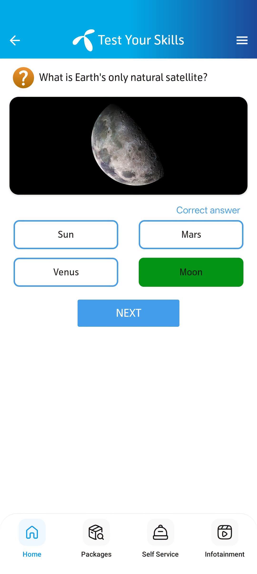 My Telenor app screenshot: Question 2 with correct answer highlighted