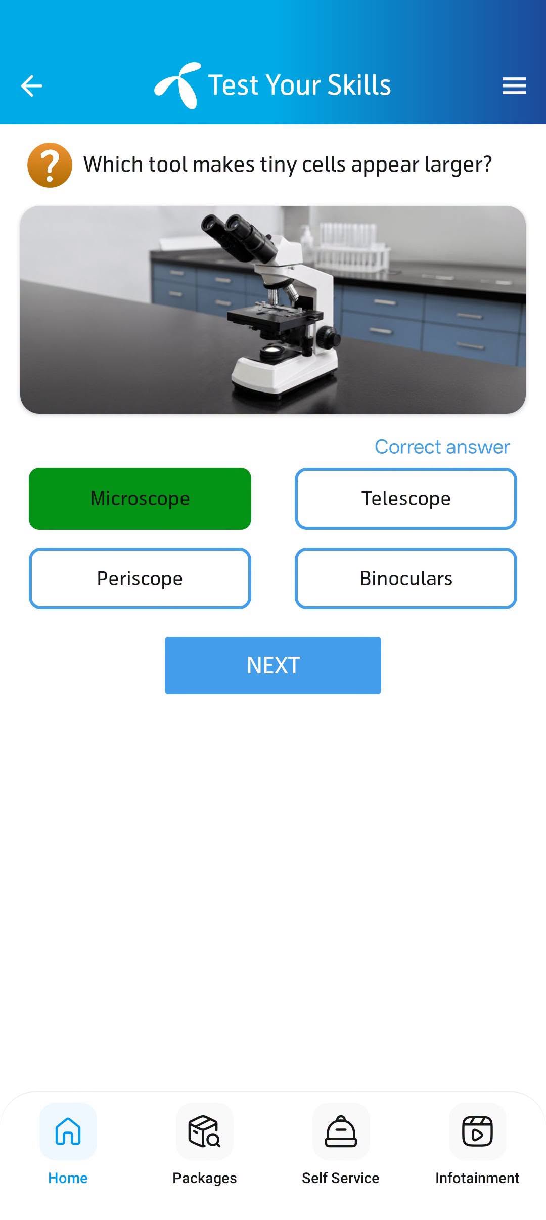 My Telenor app screenshot: Question 3 with correct answer highlighted