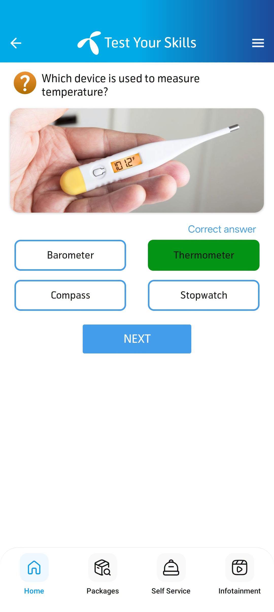 My Telenor app screenshot: Question 4 with correct answer highlighted