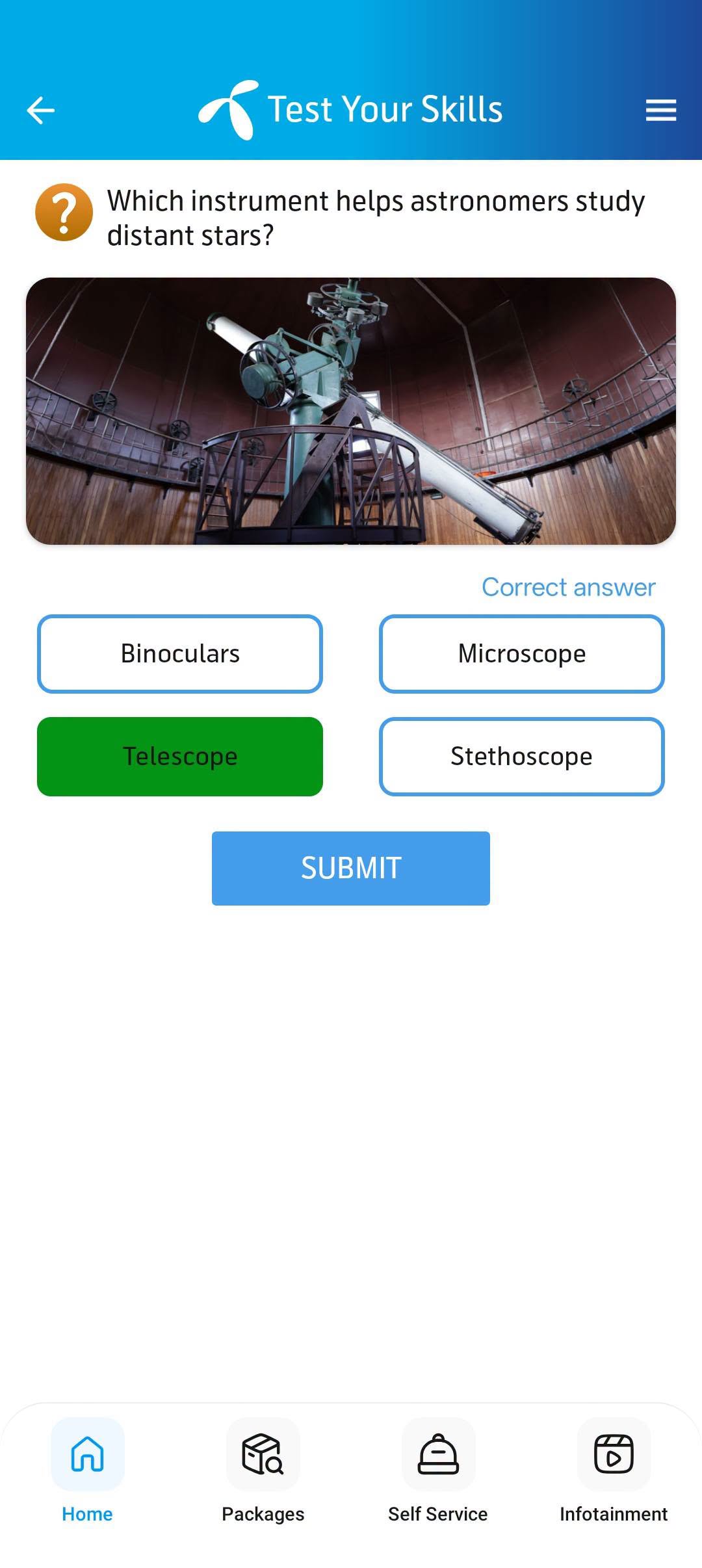 My Telenor app screenshot: Question 5 with correct answer highlighted